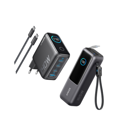 Anker Powerbank (25K, 165W, Integriertes + einziehbares Kabel)+Anker Ladegerät (140W, 4-Port, PD 3.1) mit USB-C Kabel