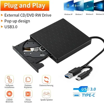 External DVD RW Drive USB3.0 & Type C Slim CD Writer Burner Reader Player Optical Drives For Laptop