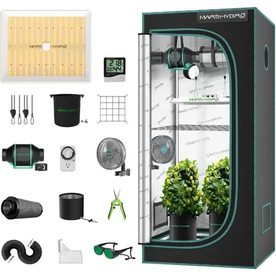 3x3 Grow Tent Kit Complete System Dimmable Grow Light 32"x32"x63" 1680D High Reflective Mylar Grow