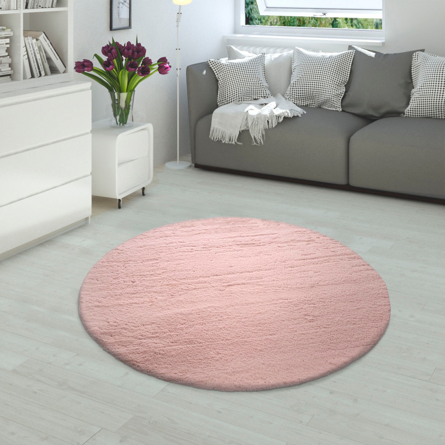 Fellteppich PACO HOME "Rabbit 780", pink, H:26mm Ø:120cm, Polyester, Teppiche, Fellteppich, Kunstfell, Kaninchenfell-Haptik, echter Kuschelteppich, Uni-Farben Image