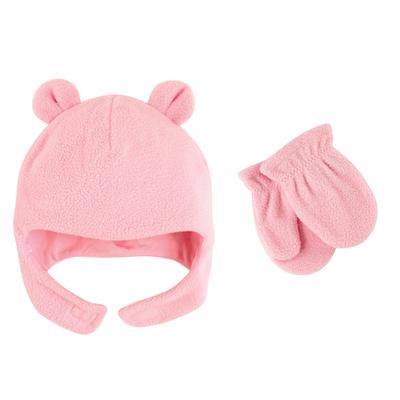 Luvable Friends Baby Girl Beary Cozy Hat and Mitten Set 2pc, Light Pink