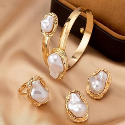 TEMU 4pcs Street Bohemian Folded Pearl Earrings, Adjustable , With Bracelet Set For Women, , Party, Holiday Gift Image