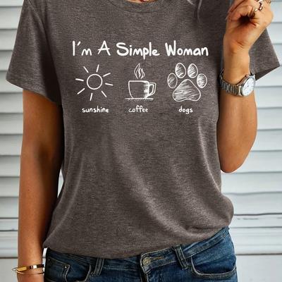 "TEMU Women's Casual Short Sleeve T-shirt With Sun, Coffee & Dog Paw - "i'm A Simple Woman" Graphic, Comfortable Rayon Blend, Navy Blue, Spring/summer" Image