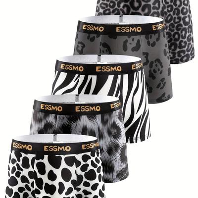 TEMU 5pcs Men's Boxer Briefs - Geometric Print Mid-stretch Underwear, Soft Breathable Fabric, Machine Washable, /gray With Golden Logo, Luxury Men's Underwear, Stylish Pattern Underwear Image