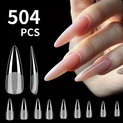 TEMU 504pcs French Square Drop Long Oval Tapered Semi-transparent Semi- Tips - Middle Length, Nail Extensions For Manicure Enhancement, French Nail Tip Image