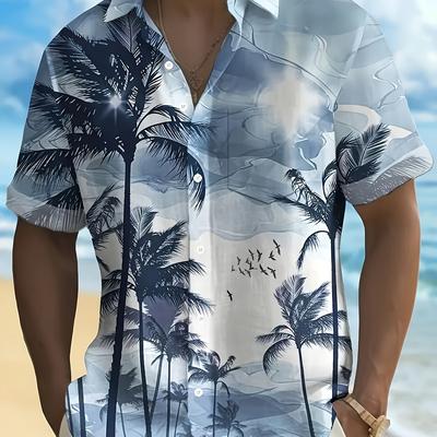TEMU Men's Vintage Hawaiian Palm Tree Short Sleeve Shirt - Casual, Lightweight Polyester, Ideal For Summer Beach Vacations, Machine Washable, Summer Beachwear|retro Palm Print|glossy Finish Image