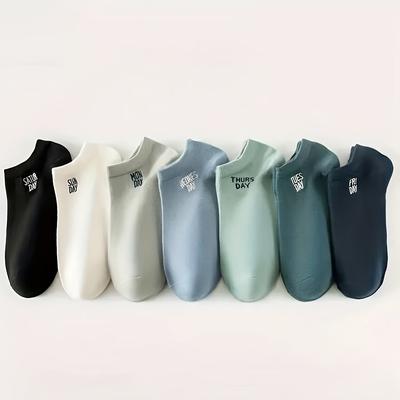 TEMU 7 Pairs Of Men's Socks, Printed Words, For A Week, Spring And Summer Thin High-elasticity Soft, Comfortable And Breathable Men's Knitted Socks Invisible Socks Image