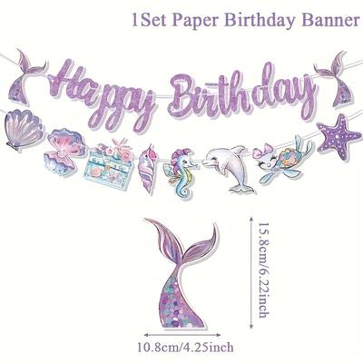 TEMU 1 Set Purple Mermaid Happy Birthday Paper Banner - Whimsical Under-the-sea Party Decor With Seahorse, Starfish & More, Indoor Celebrations & Birthday Party Supplies, Mermaid Party Decorations Image