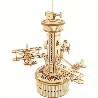 "TEMU Diy 3d Wooden Airplane Tower Music Box Puzzle - 10" Mechanical Model Building Kit, Perfect Gift For Adults & Family, Light Brown Basswood" Image