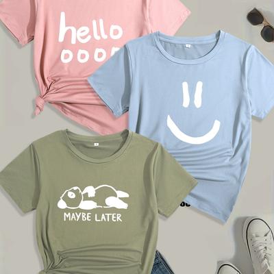 TEMU [everyday ] Women's 3pcs Casual Summer T-shirts - Cute Face & Letter Print, Short Sleeve Crew Neck, Soft Polyester Blend, Light Pink, Blue & Olive Green, Cute Shirts Image