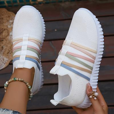 TEMU Women's Elegant Slip-on Sneakers - Breathable Fabric Upper & Eva Sole, Pastel Striped Low-top Casual Shoes For , Walking, & Casual Attire, Cute Shoes Image