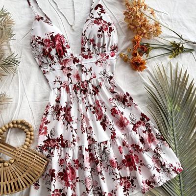 TEMU Women's Mini Dress, Floral Print, Spaghetti Strap, Polyester, For Adult, Spring/summer Image
