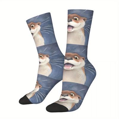 TEMU Biihudu Men's Otter Pattern Knee-high Socks - Breathable & Comfortable Polyester With Elastane, Cartoon-style Design, Gifting Image