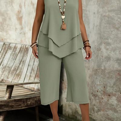 TEMU Women's Large Size Simple Asymmetric Hem Solid Color Sleeveless Top And -eighth Pants Two-piece Set For Summer Image