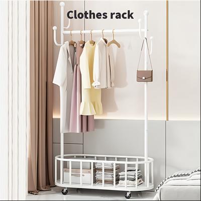TEMU Metal Clothing Rack With Wheels, Rolling Clothes Rack For Hanging Clothes, Sturdy Standing Garment Rack With Storage Shelf And 4 Hooks, Clothes Hanger Rack For Bedroom, Closet, Living-room Image