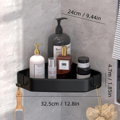 TEMU 1pc Sleek Gray Corner Bathroom Shelf - Rustproof, No-drill Wall Mounted Metal Storage Rack With Towel Bar & Toothbrush Holder For Modern Bathrooms, Shower Caddies Image