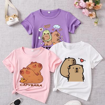 TEMU 3pcs Girls' Summer Short Sleeve T-shirts - Cute Capybara & Dolphin Cartoon Print, Soft Polyester Blend, Round Neck, Lightweight & Breathable For Casual Play, Shirts For Girls Image