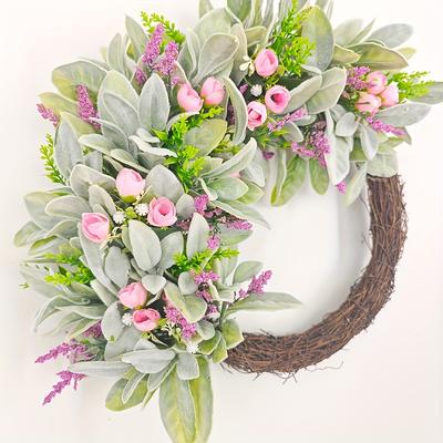 TEMU 1pc, /17.7 Inches, Spring And Summer Floral Wreath, Door Hanging Basket, Beautiful Artificial Spring And Summer Wreath Welcome Sign For The Front Door, Porch Cottage Decoration. Image