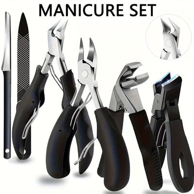 TEMU 6pcs Heavy Duty Toenail Clipper Set For Elderly - Angle And Tilted Arc Blades, Splash Guard, Long Handle, Includes Nail File, Professional Foot Care Kit Image