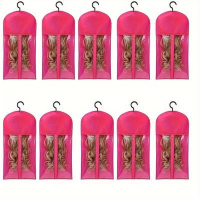 TEMU 10pcs Wig Storage Bags With Hooks - Transparent, Dustproof & Portable Design For Salon And Home Use, Holds Multiple Wigs, Wall Mounted, Zipper, Tool Accessories Image