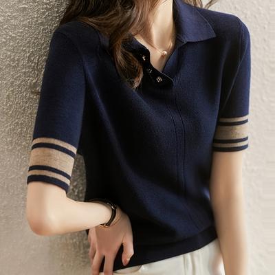 TEMU Women's Navy Blue Shirt With Beige Stripes - Casual, Short Sleeve, Color For Spring And Fall, Versatile Top Layer, Casual Wear|striped Sleeve Top| Texture Image