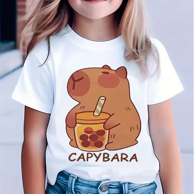TEMU Adorable Capybara Graphic Tee For Girls - Easy Clean, Short Sleeve, Fashionable /pink Top - Perfect Gift For Image