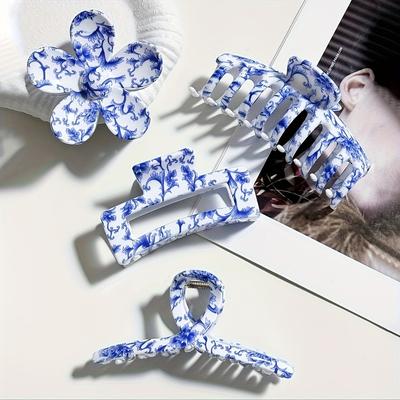 TEMU 4pcs Elegant Bohemian Blue And White Porcelain Floral Hair Claw Clips, Chinese Style Acetic Acid Shark Clips For Makeup, Face Washing, And Casual Wear Image