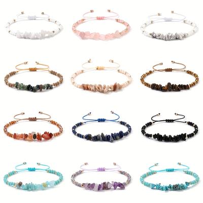 TEMU 12 - Piece Set Of Bohemian Handmade Braided Bracelets With Natural Stone Chips, Adjustable For , Ideal For Vacations & Gifts Image