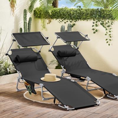 TEMU Sun Lounger With Sunshade And Headrest Cushion, Foldable Garden Chair For Gardens, Yards, , , Black, Load Capacity Up To 110 Kg, Bht, . 191x19x56 Cm Image