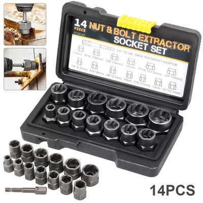 TEMU 13+1pc Impact Bolt Extractor Kit & Removal Tool, Cr-mo Rounded Bolt Remover, Stripped Bolt Extractor Set With Solid Storage Case For Removing Damaged, Rusted, Nuts And Bolts Image