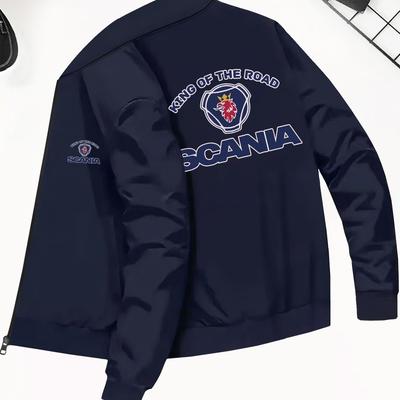 "TEMU Men's Casual Stand Collar Jacket With "" & "" Print - Navy Blue, Zippered, Pockets, Fall/winter Outerwear For , Casual Outerwear | Stand Collar Jacket | Zippered Jacket" Image