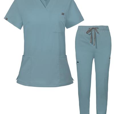 TEMU Women's Pet Scrub Set - Light Blue V-neck Top With Short Sleeves & Long Pants, Comfortable Polyester Fabric, Casual Uniform, Scrubs For Image