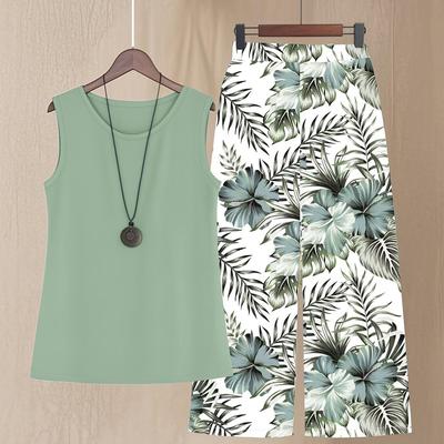 TEMU Women's Elegant Suit Solid Color Vest Top And Plant Printed Wide-leg Pants 2pcs Set Image