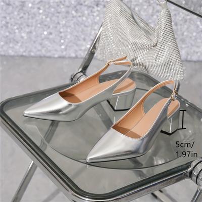 TEMU Women's Summer 2025 Metallic Block Heel Pumps - Pointed Toe, Mid-heel, Ankle Strap With , Versatile Fashion Shoes Image