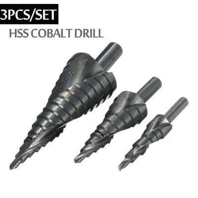 TEMU 3pcs Cobalt Steel Step Drill Bit Set,4-12mm 4-20mm 4-32mm Nitride Coated, Spiral Metal Cone With Triangle Shank - Precision Hole Opener Tools Image