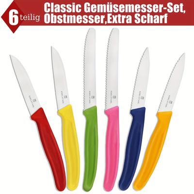 TEMU 6pcs Classic Vegetable Knife Set, Table Knife, Fruit Knife, Steak Knife, Peeling Knife With Serrated Edge, Tomato Knife, Steel Blade, , Dishwasher Safe Image