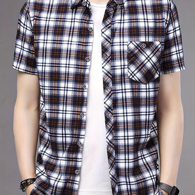 TEMU Men's Casual Short Sleeve Button-up Shirt - Lightweight Summer Style With Chest Pocket, Black & White Checkered Pattern, Casual Attire & Outdoor Activities, Shirts For Summer Image