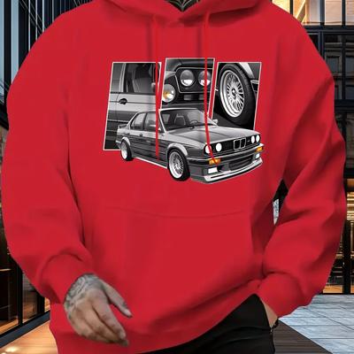 TEMU Vintage Car Print Men's Hoodie - Blue Casual Pullover With Classic , Machine Washable, Fit 18-40 Image