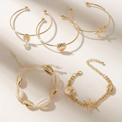 TEMU 5pcs Bohemian Shell & Starfish Bracelet Set, Stackable Copper Bangle, Women's Beach Vacation Jewelry, Party & Holiday Accessory, All- Image