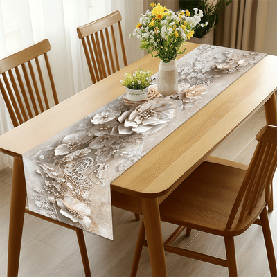TEMU 1pc Elegant Floral & Lace Table Runner - Romantic Beige & With Trim, Polyester, Dining, Living Room, And Coffee Tables, Table Decor Image