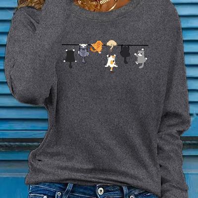 TEMU Women's Casual Long Sleeve T-shirt - Cute Upside- Cat Print With Umbrella & , Stretchy Polyester Blend, Round Neck Spring Top, Machine Washable, Cat T Shirt, Graphic Tee, Tee Image