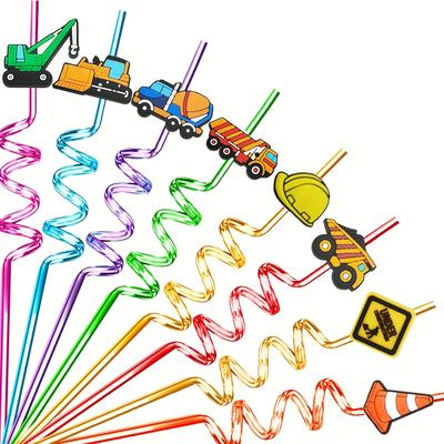 TEMU 8 Reusable Construction Engineering Series Straws For Excavator Bulldozer Mixer Truck For Construction Themed Birthday Party Supplies Gift Image