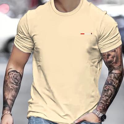 TEMU Men' Crew Neck Short Sleeve T-shirt With Red & Print - Lightweight Polyester, Comfortable Casual Summer Style, Casual Attire, Sporty Tshirt | | Glossy Texture Image