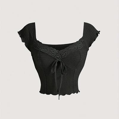 TEMU Sexy V-neck Black Textured T-shirt For Women With Bow Detail – Polyester Knit Fabric With Stretch, Elegant Drop Shoulder Short Sleeve Top, Solid Color, – Ideal For Spring/summer/fall Image