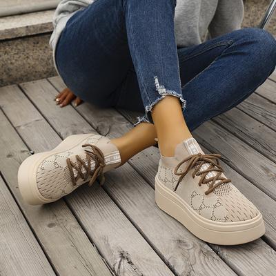 TEMU Women's Low-top Knit Sneakers With Thick Non-slip Sole, Beige Fabric Casual , Comfortable And Stylish Casual Attire, Casual Footwear | Trendy Casual Shoes | Comfortable Wear Image