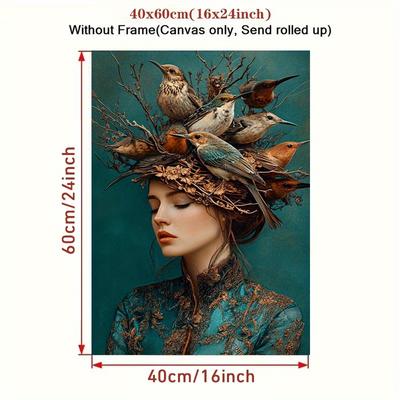 TEMU 1pc Frameless Canvas Poster, A Woman With Birds On Her Head, For Bathroom Decoration, Living Room, Bedroom, Cafe, Office, With Gift Ideas For Fashionistas Image