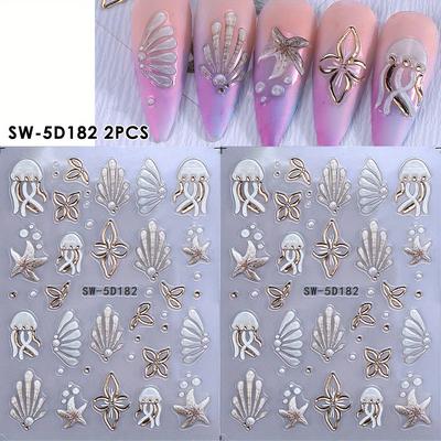 TEMU 2pcs Shell Nail Embossing Stickers 5d Starfish Jellyfish Hibiscus Crystal Decals Summer Texture Slider Accessories Image