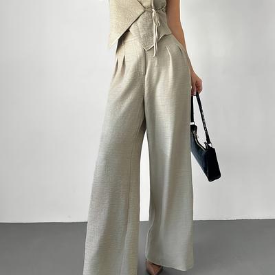 TEMU New Linen Solid Color Wrap Waist Vest And High-waisted Pleated Wide Leg Pants Two-piece Set, Simple Elegant Commuting Outfit For Spring And Summer Image