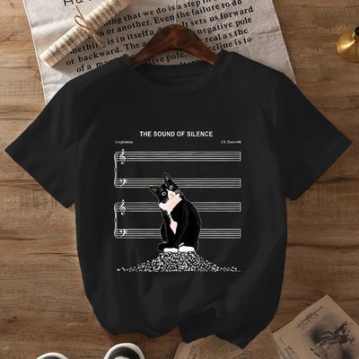 "TEMU Women's Plus Size "the " Graphic T-shirt- Casual Crew Neck, Short Sleeve, Summer& Spring Top With Cat& Music Notes Design, Casual Wear| Print| , Plus Size Shirts" Image