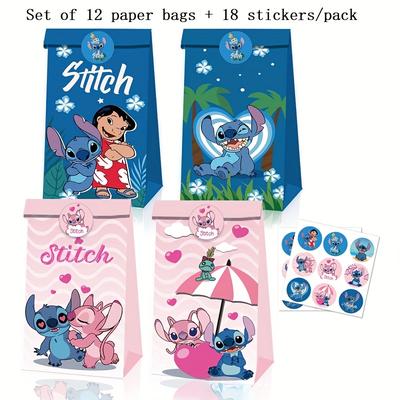 TEMU 30pcs Stitch Themed Party Favor Bags - 12 Paper Gift Bags With Stickers, Cute Design Ladies' Crossbody Bag, And Candy, Pink/blue Animal Print Gift Bags With Stitch And Illustrations Image